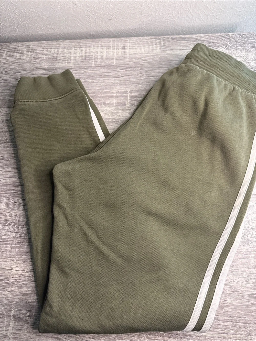 adidas Olive Green Joggers with Cream Side Stripes -men’s size S